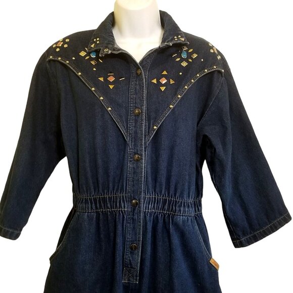 Dreams Vintage Women's Jumpsuit Size L Denim Studded Snap Elastic Playsuit Rompe - Picture 1 of 16